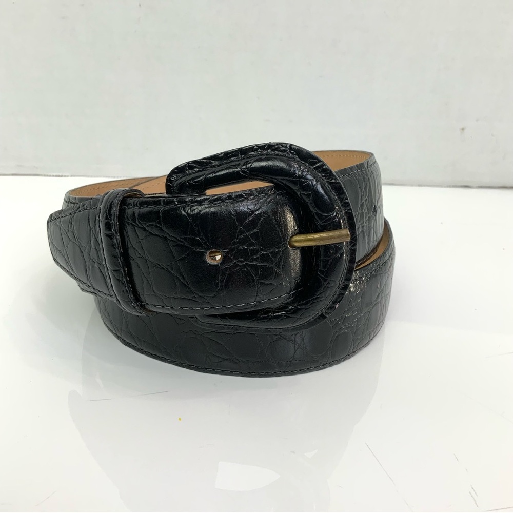Harken Women's Sz Medium Black Leather Croc‎ Embossed Belt Made in USA